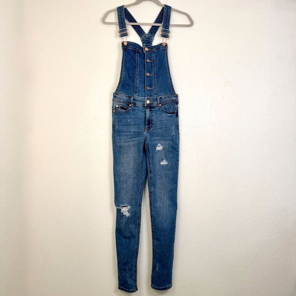 Celebrity Pink Distressed Denim Overalls Skinny Leg Medium Wash Blue Jeans